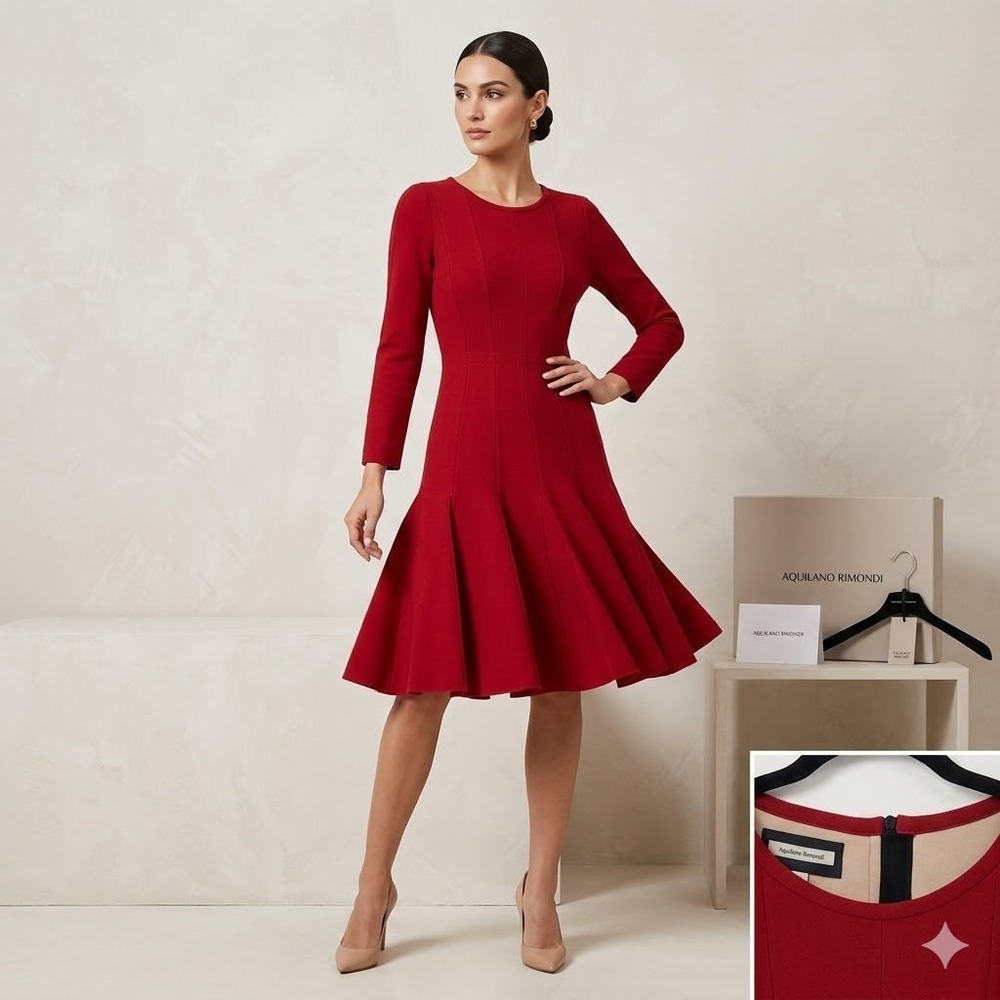Aquilano.Rimondi Red Fit Flare Dress 3/4 Sleeve Italian Designer A-Line Women 42